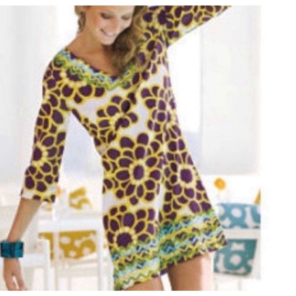 Boden Women's V-Neck 3/4 Sleeve Floral Rick Rack Trim Tunic Coverup Sz 14 Dress